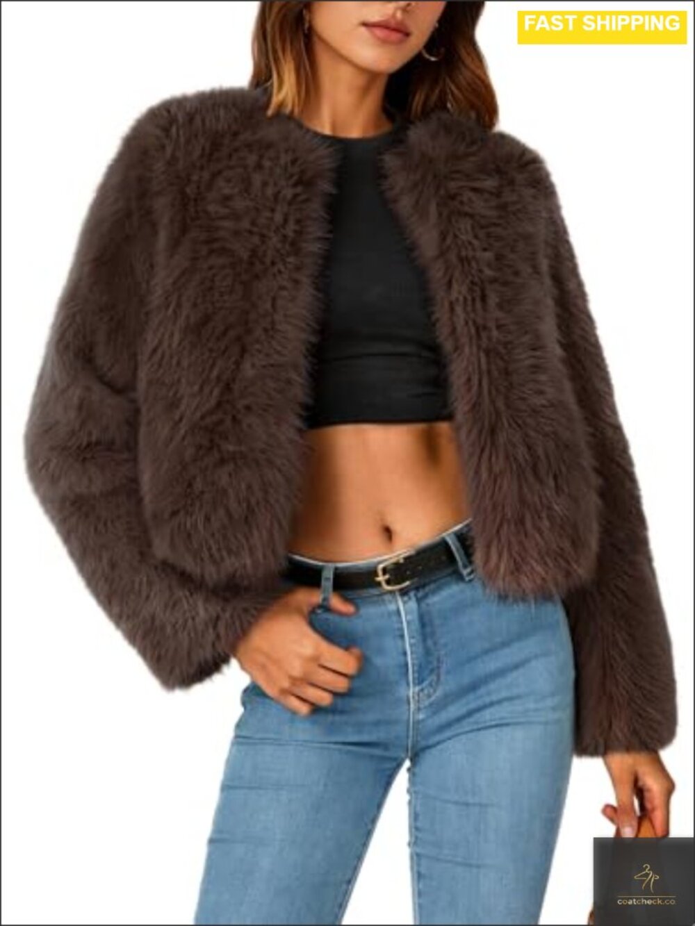 Faux Fur Cropped Jacket Fluffy Winter Coat Hook Closure